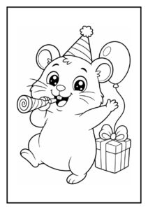 Kleurplaat van een schattige feestelijke hamster met een feesthoedje, feestfluit en ballon bij een cadeau terwijl hij een taartkaars uitblaast
