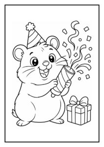 Kleurplaat van een schattige hamster met een feesthoedje, die tussen feestelijke ballonnen duikt.