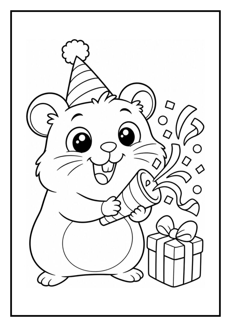Schattige kleurplaat van een feestelijke hamster met een verjaardagsmuts, confetti en een klein feestkannon