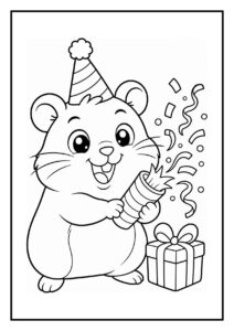 Kleurplaat van een schattige hamster met feesthoed die uit een cadeau piept, omringd door confetti en versiering
