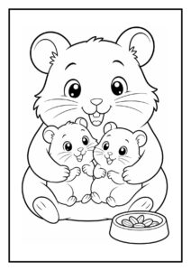 Kleurplaat van een vrolijke hamsterpapa die twee kleine hamsters vasthoudt naast een bakje met zaden