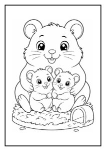 Kleurplaat van een gelukkige hamster die twee kleine hamsters vasthoudt in een nest