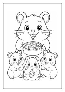 Kleurplaat van een gelukkige hamster met drie jonge hamsters die samen voedsel delen in een familie setting