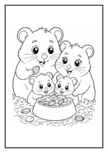 Kleurplaat van een vrolijke familie hamsters met hamsterpups die van een hellinkje naar mama glijden bij een voederbak