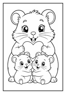 Schattige hamster die een hart vasthoudt met twee baby hamsters aan de voorkant op een kleurrijke achtergrond