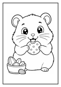Kleurplaat van een vrolijke hamster die een koekje eet met een bakje noten naast zich