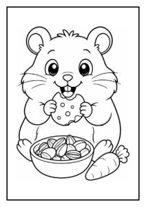 Kleurplaat van een vrolijke hamster die een koekje eet met een bakje noten en een wortel naast zich