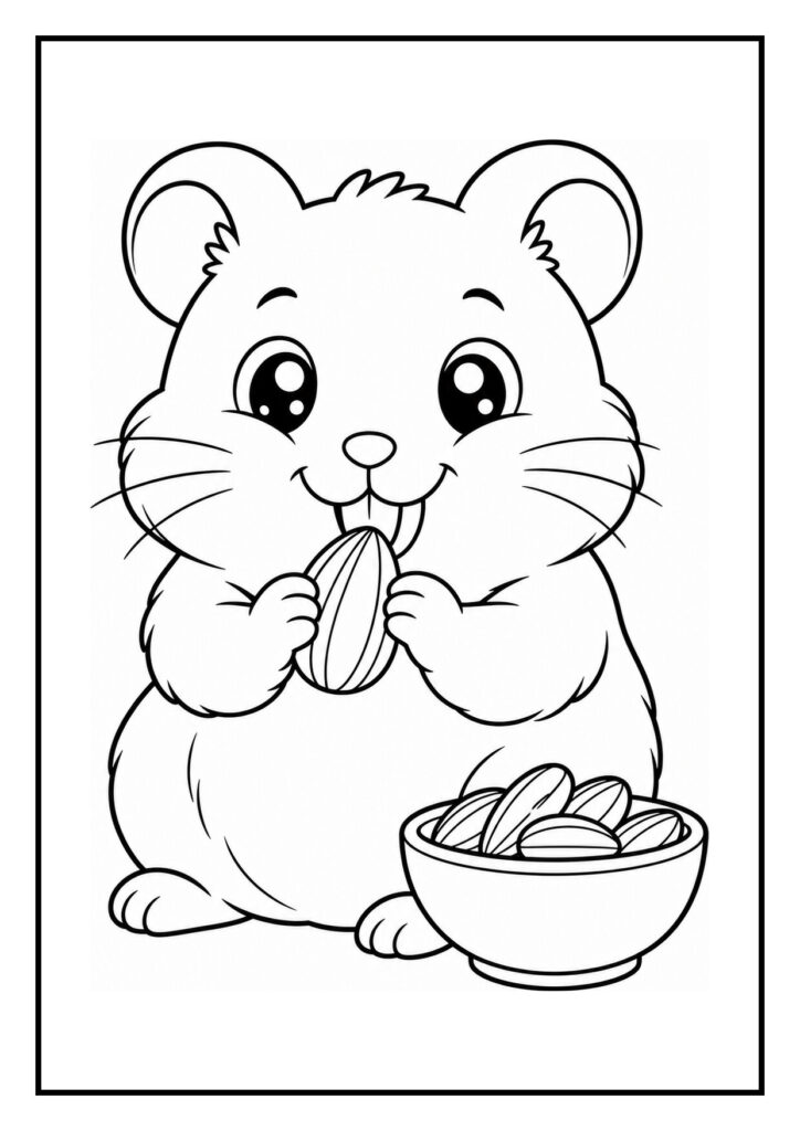 Kleurplaat van een schattige hamster die in een looprad rolt met een bakje zaden naast zich