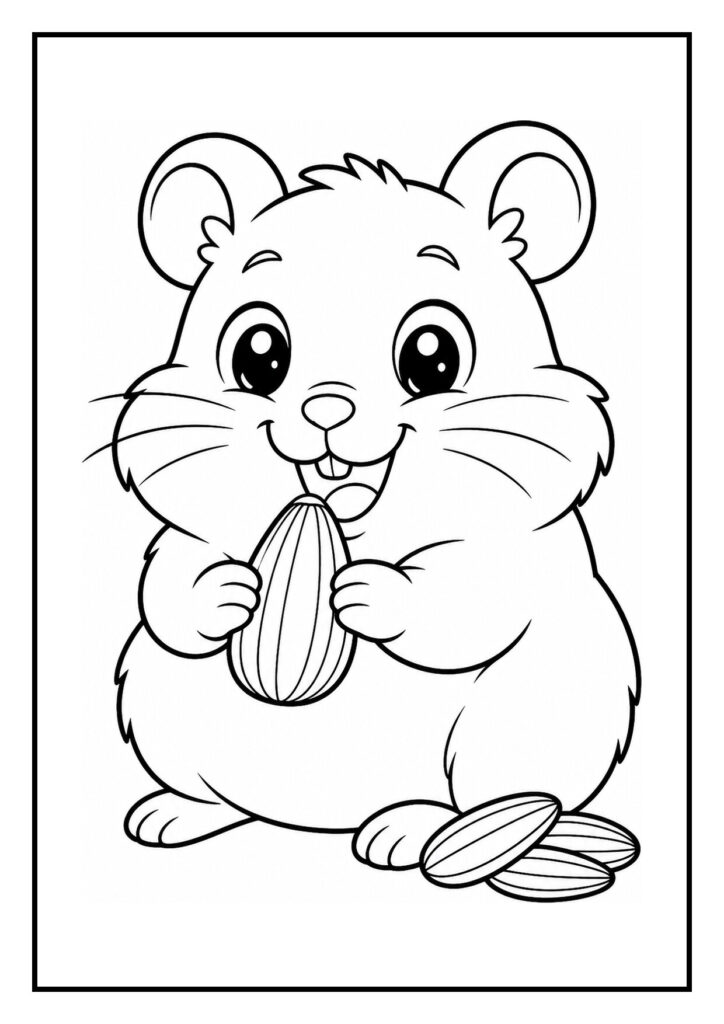 Kleurplaat van een vrolijke hamster die in een papierrol duikt en een zonnebloempit vastheeft met extra zonnebloempitten op de grond