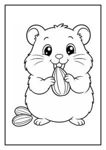 Leuke kleurplaat van een schattige hamster die een pinda vasthoudt en verstopt in zijn wang.