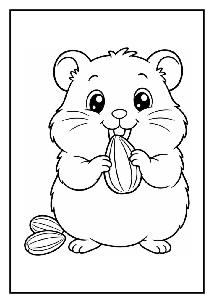 Leuke kleurplaat van een schattige hamster die een pinda vasthoudt en verstopt in zijn wang.