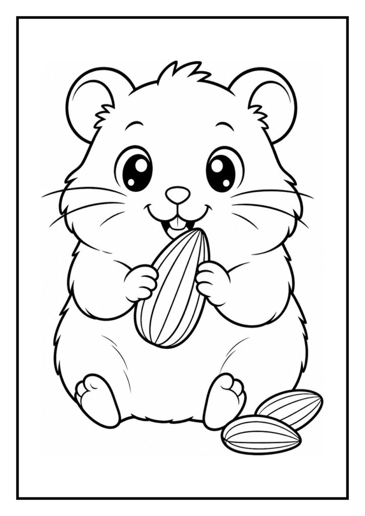 Kleurplaat van een schattige hamster die door een simpele tunnel kruipt en een zonnebloempit eet