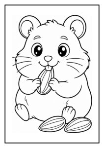 Kleurplaat van een schattige hamster die naar een zonnepit springt, geschikt voor jonge kinderen