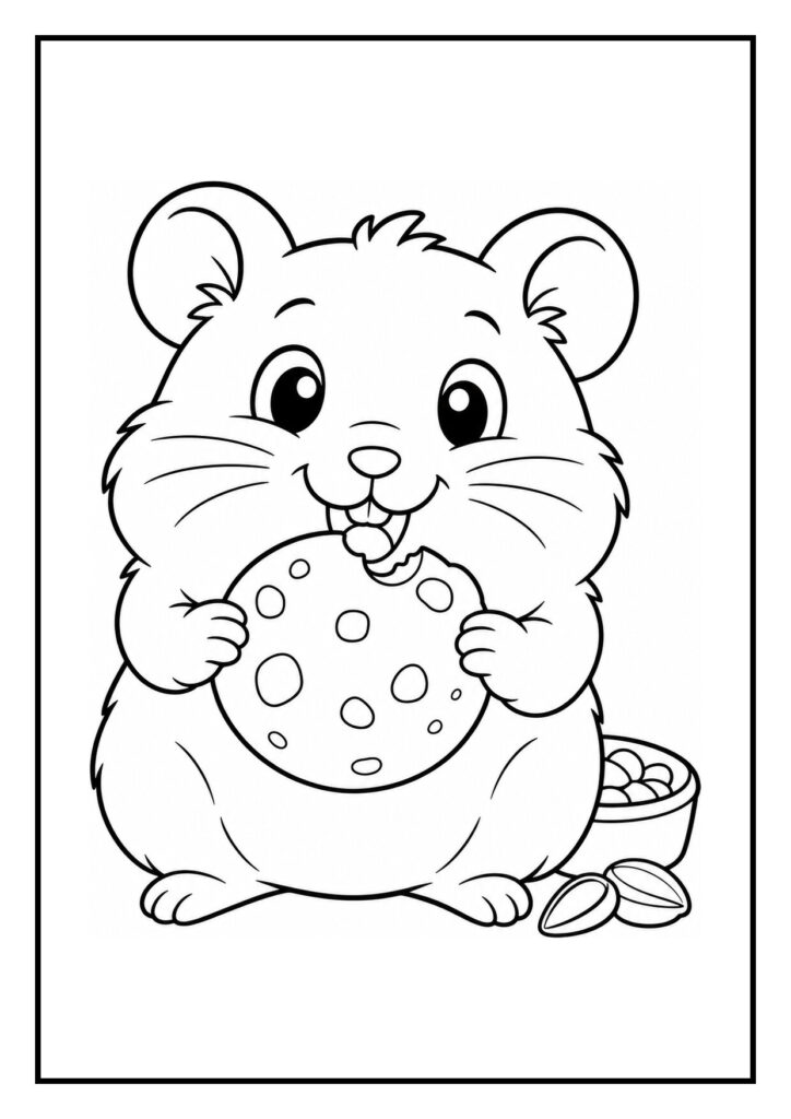 Kleurplaat van een schattige hamster die een klein karretje vol zaadjes duwt
