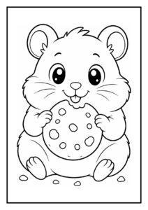 Kleurplaat van een schattige hamster die een koekje eet met een grote wortel op de achtergrond