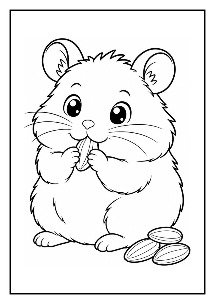 Kleurplaat van een Roborovski hamster die zijn wangen vol stopt met zonnebloempitten