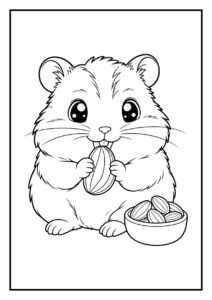 Kleurplaat van een schattige Roborovski hamster die zachte papieren reepjes gebruikt om een nest te bouwen