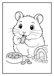 Kleurplaat van een schattige Roborovski hamster die een noot pakt van een hangend snoepje naast zijn huisje en bak met noten.