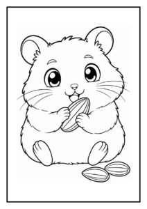 Kleurplaat van een schattige Roborovski hamster die een klein voerbakje met zonnebloempitten omstoot, geschikt voor kinderen