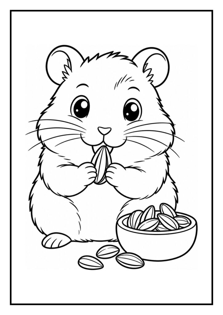 Kleurplaat van een Roborovski hamster die uit een kartonnen doolhof glipt