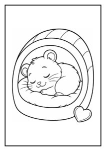 Kleurplaat van een schattige slapende hamster in een knus huisje met een hart erop