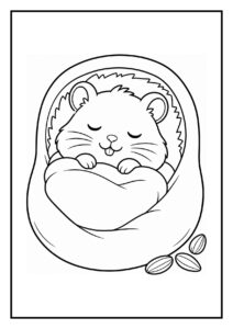 Kleurplaat van een schattige hamster die slaapt in een nest met een paar zaadjes ernaast