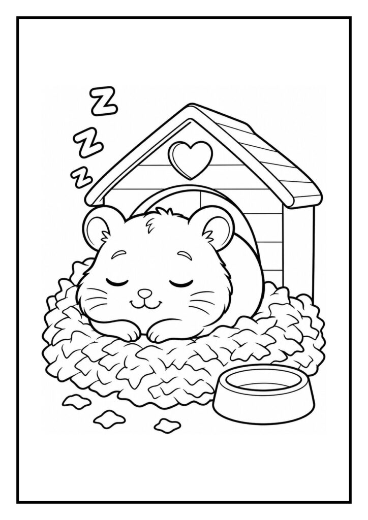Kleurplaat van een schattige hamster die slaapt voor een hondenhok met een hart erop, geschikt voor kinderen.