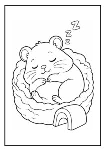 Kleurplaat van een schattige hamster die slaapt in een nest met een klein huisje ernaast
