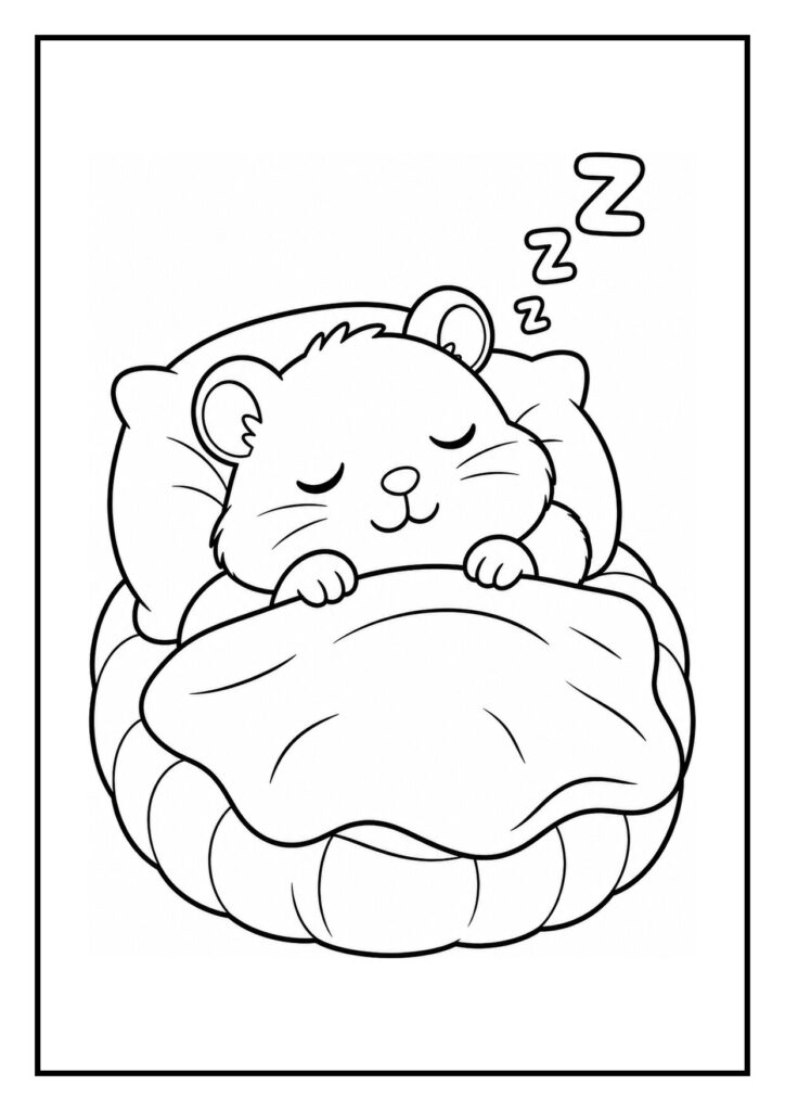 Een schattige hamster die slaapt in een mandje met een deken, kleurplaat voor jonge kinderen