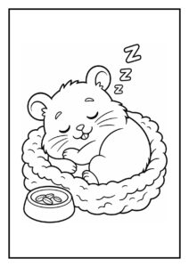 Kleurplaat van een schattige slapende hamster in een mandje met een voerbakje erbij
