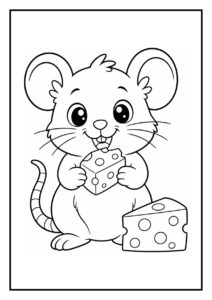 Schattige muis kleurplaat met een vrolijke muis die een stuk kaas vasthoudt.