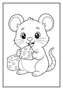 Schattige muis met grote ogen die een stukje kaas eet en blij kijkt