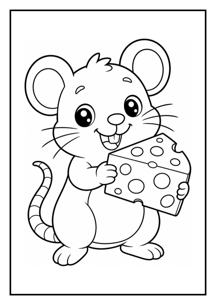 Kleurplaat van een vrolijke muis die een stuk kaas vasthoudt, geschikt voor jonge kinderen.