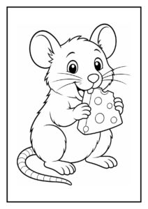 Vrolijke muis die uit een regenplas springt met een stuk kaas in zijn poot.