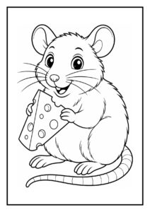Kleurplaat van een vrolijke muis die onder een paddenstoel schuilt en een stuk kaas blij vasthoudt