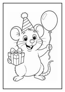 Kleurplaat van een vrolijke muis met een feestmuts, een cadeau en een ballon in een feestelijke sfeer