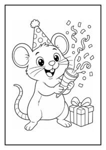 Leuke kleurplaat van een feestmuis met een feesthoed en een feesttoeter naast een cadeau, die een taartkaars uitblaast