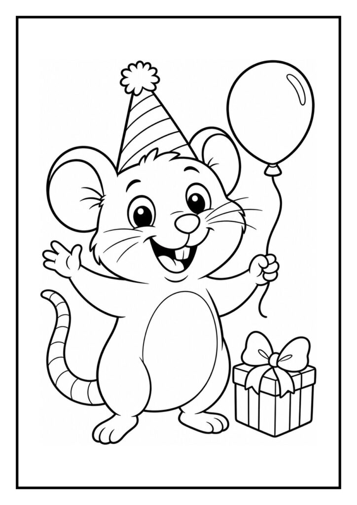 Kleurplaat van een feestmuis met een feesthoed, ballon en cadeau die taartpunten uitdeelt bij een kinderverjaardag