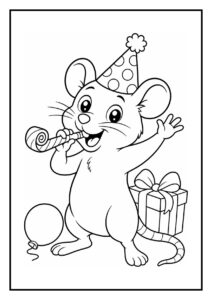 Kleurplaat van een vrolijke muis met een feesthoedje die slingers ophangt met haar staart tijdens een feestje met cadeau en ballon