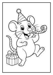 Kleurplaat van een vrolijke muis met een feesthoedje die op een trommel speelt naast een cadeau