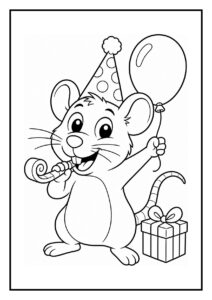 Kleurplaat van een feestmuis die een feesthoed, een ballon en een cadeau vasthoudt