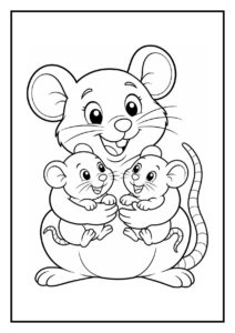 Kleurplaat van een grote muis die twee baby muisjes vasthoudt, allemaal lachend en vriendelijk.