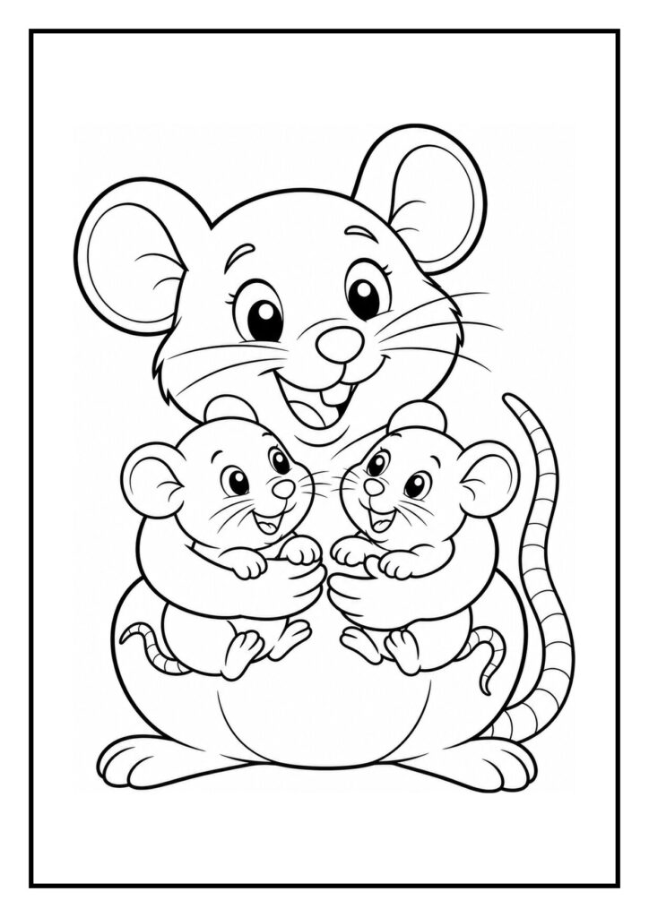 Kleurplaat van een grote muis die twee baby muisjes vasthoudt, allemaal lachend en vriendelijk.