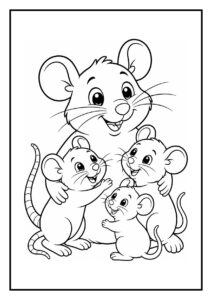 Kleurplaat van een vrolijke muis die haar drie blije baby muizen omhelst.