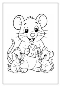 Leuke kleurplaat van een grote muis die kaas vasthoudt met twee kleine muizenjongen ernaast naast een appelkar.