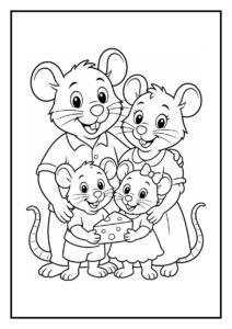 Kleurplaat van een vrolijke familie muizen met twee volwassenen en twee kinderen die samen een stuk kaas vasthouden.