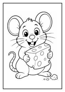 Vrolijke kleurplaat van een muis die een stuk kaas vasthoudt bij een muur