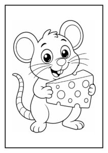 Leuke kleurplaat van een schattige muis die een stuk kaas vasthoudt terwijl hij op een glijbaan speelt