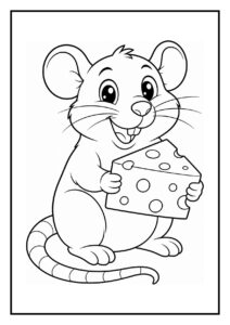 Kleurplaat van een vrolijke muis die springt naar een appel met een stuk kaas in zijn poot.