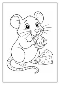 Kleurplaat van een schattige muis die kaas eet voor een spiegel, geschikt voor jonge kinderen